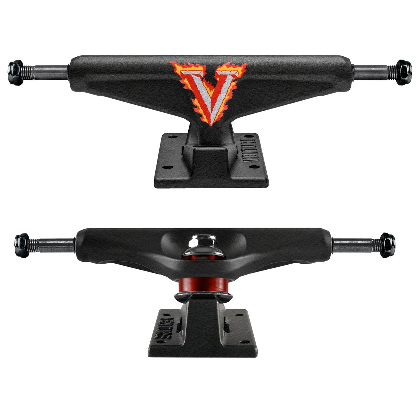Two skateboard trucks with a prominent 'V' logo on a white background