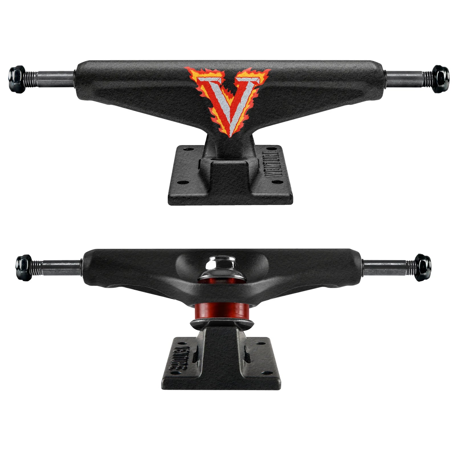 Two skateboard trucks with a prominent 'V' logo on a white background