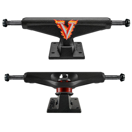 Two skateboard trucks with a prominent 'V' logo on a white background