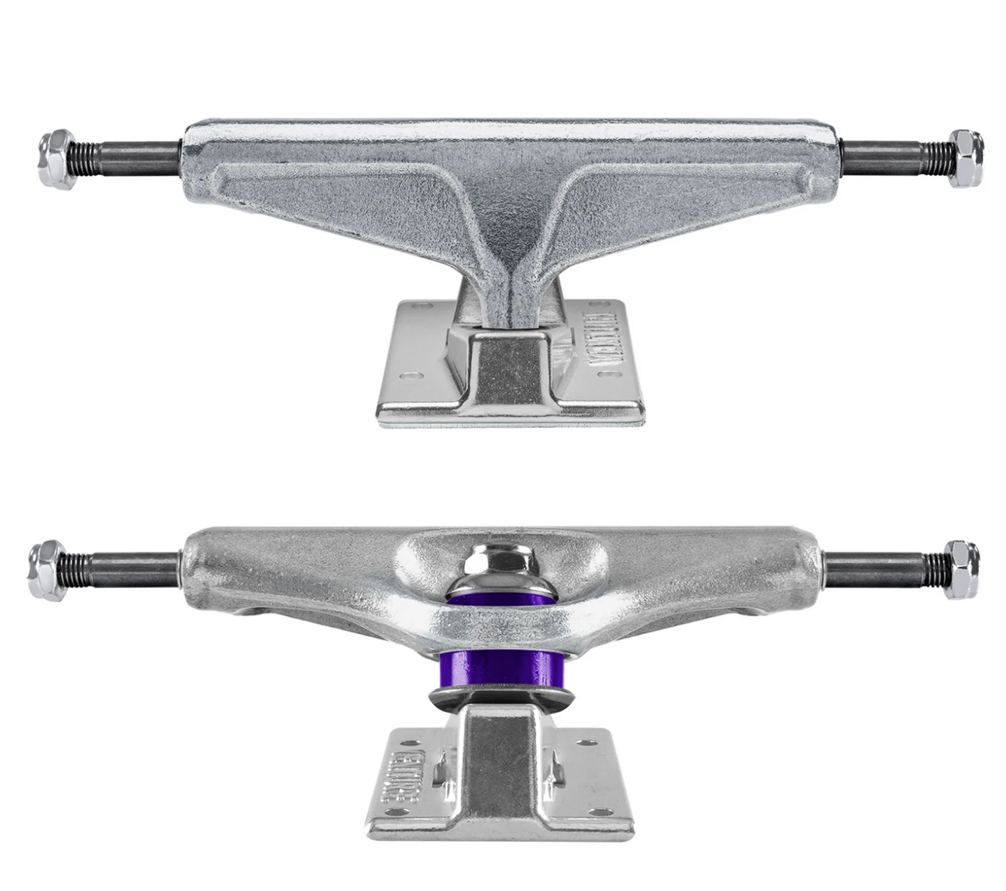Two metallic skateboard trucks on a white background