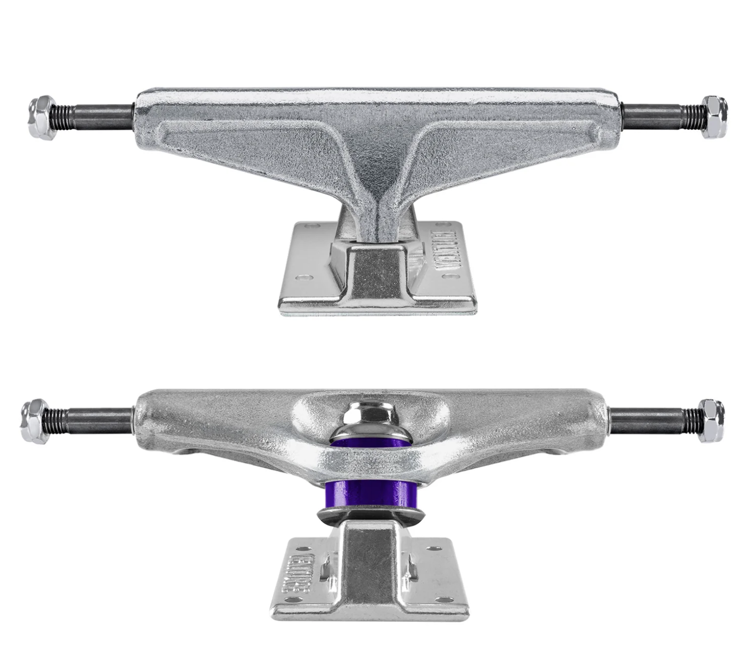 Two metallic skateboard trucks on a white background