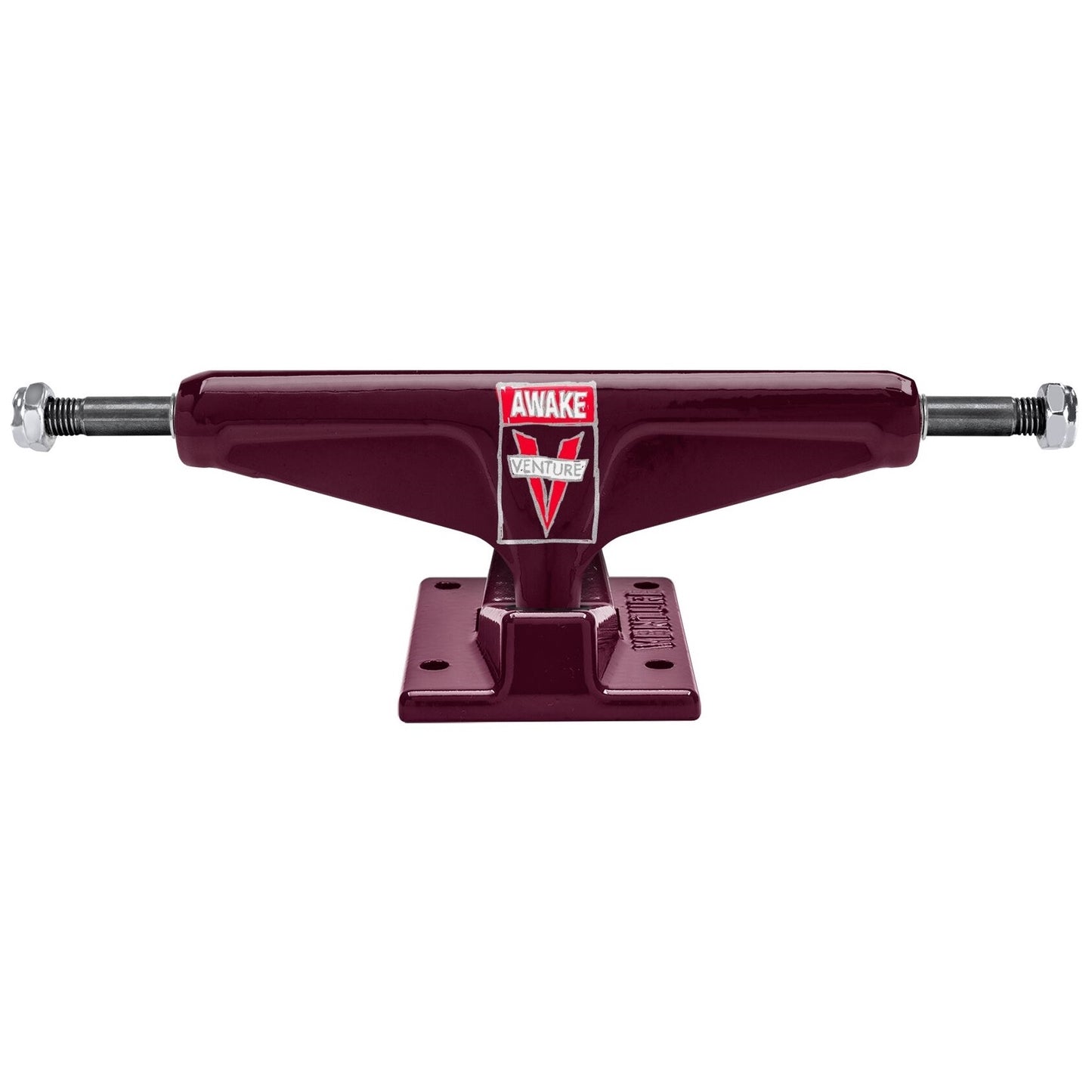 A pair of dark maroon skateboard trucks with silver metal axles and nuts, featuring a red and white 'AWAKE' brand logo on the deck plate