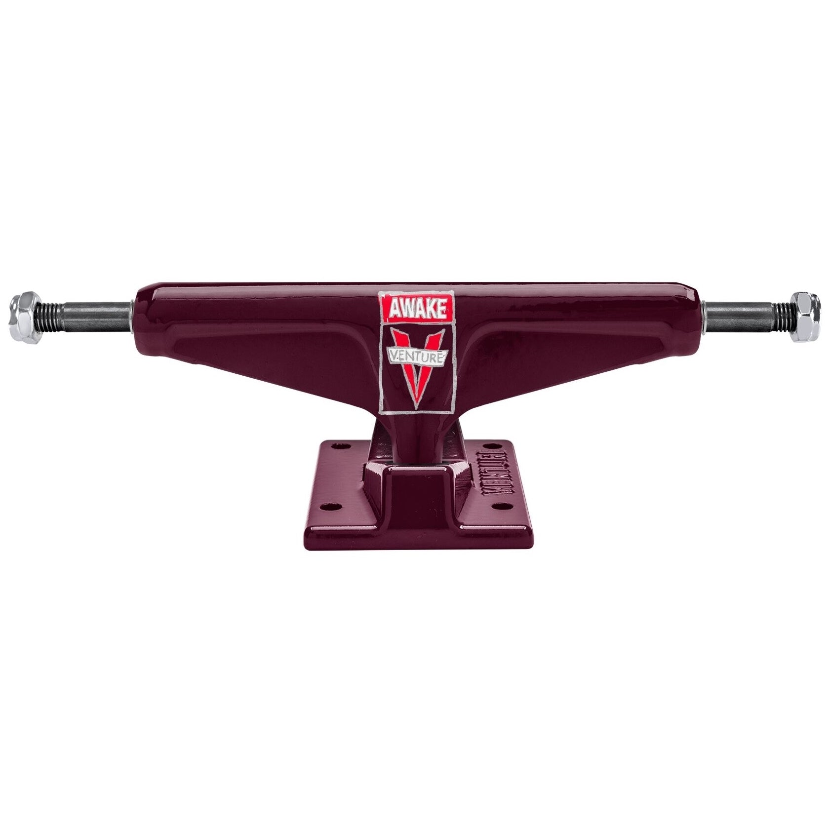 A pair of dark maroon skateboard trucks with silver metal axles and nuts, featuring a red and white 'AWAKE' brand logo on the deck plate