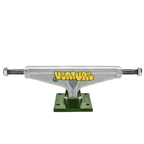A single skateboard truck with a silver metallic powder-coated hanger, featuring a green and yellow 'VENTURE' logo on the center, mounted on a dark green base plate.
