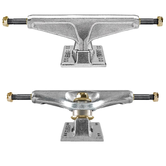Two silver metal skateboard trucks shown from front and side angles on a plain white background.