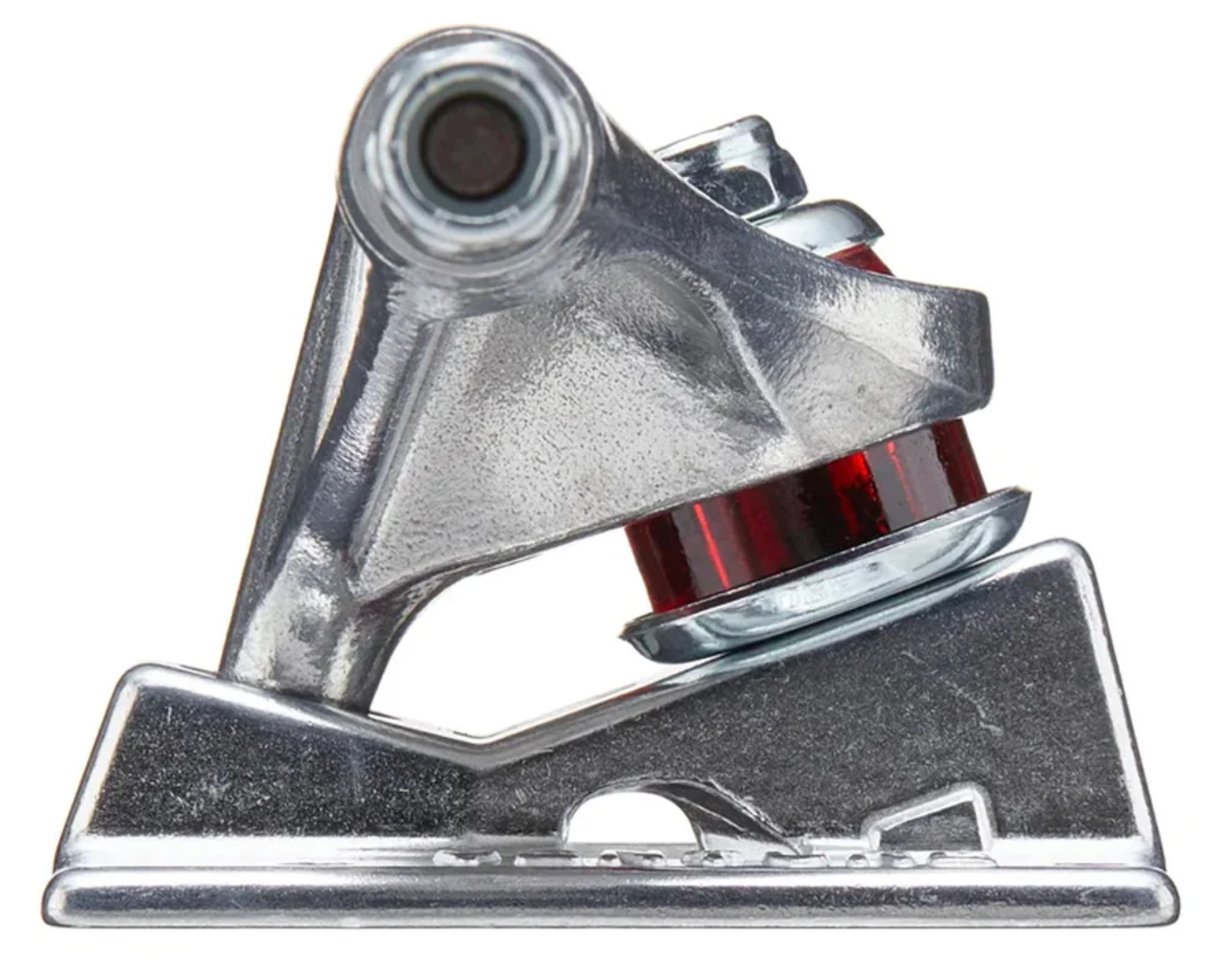 Metallic skateboard truck with red center bearing on a white background