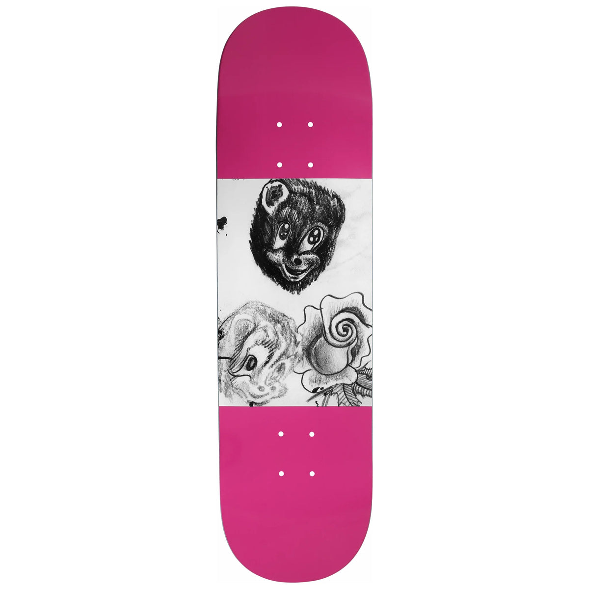 Pink skateboard deck with graphic of a bear and a flower
