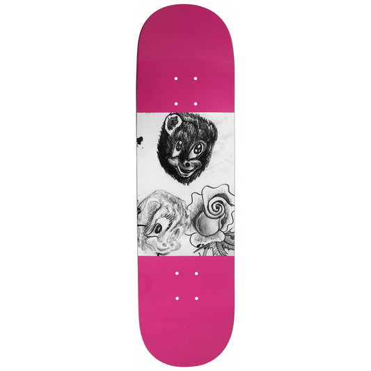 Pink skateboard deck with graphic of a bear and a flower