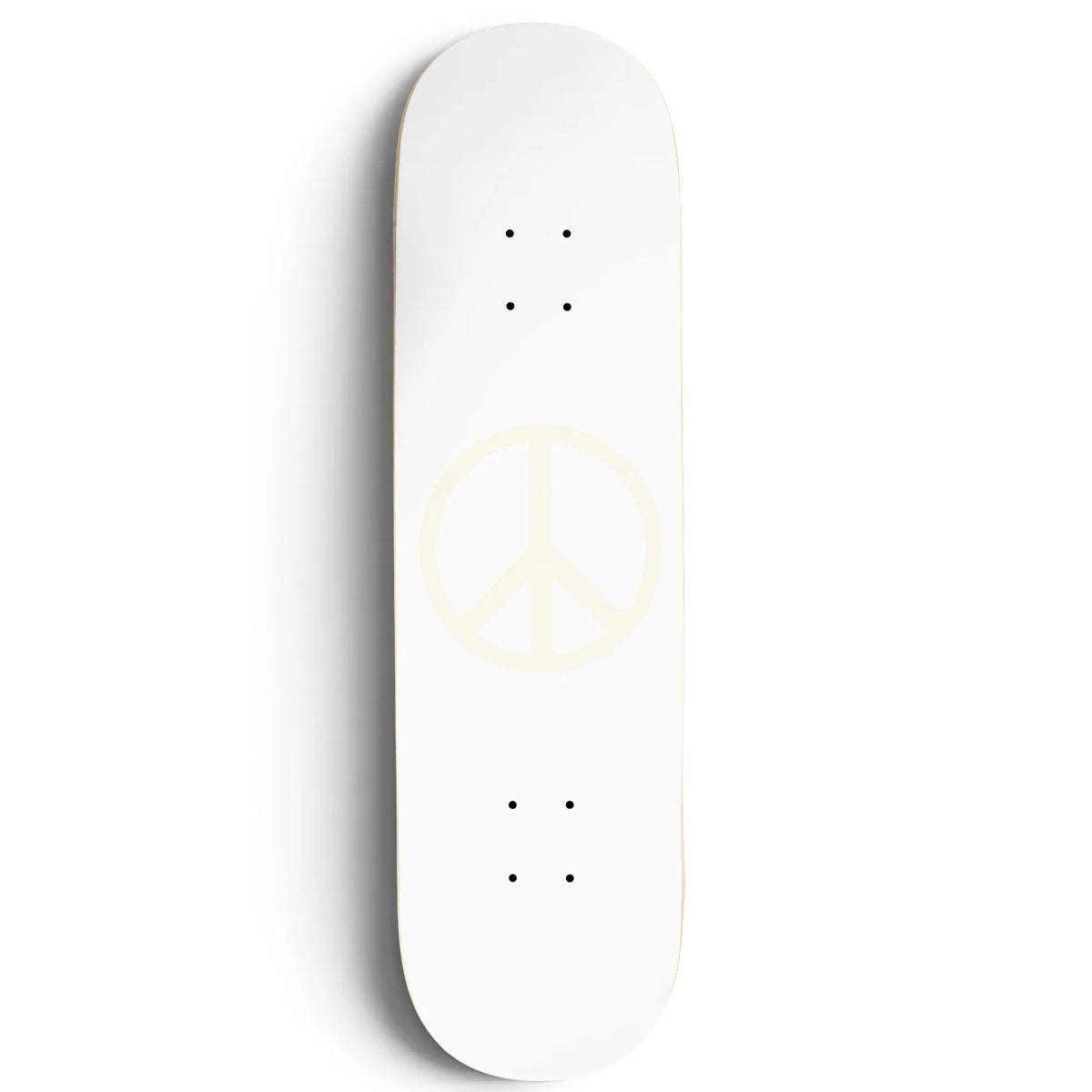 Glow in the dark skateboard graphic with a peace logo.