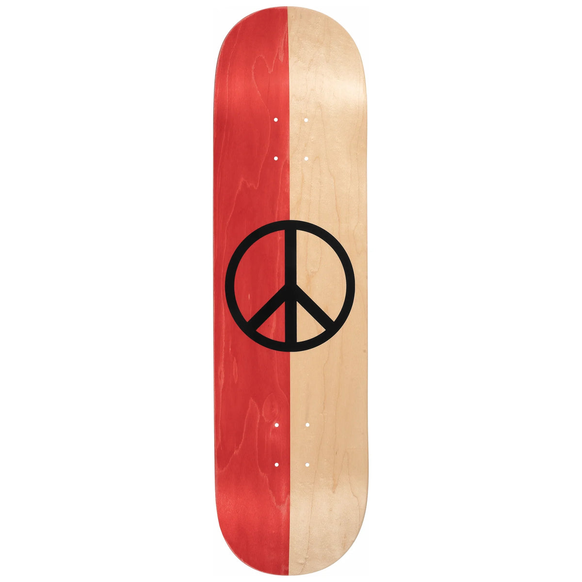 Skateboard graphic with peace sign and split red and natural color