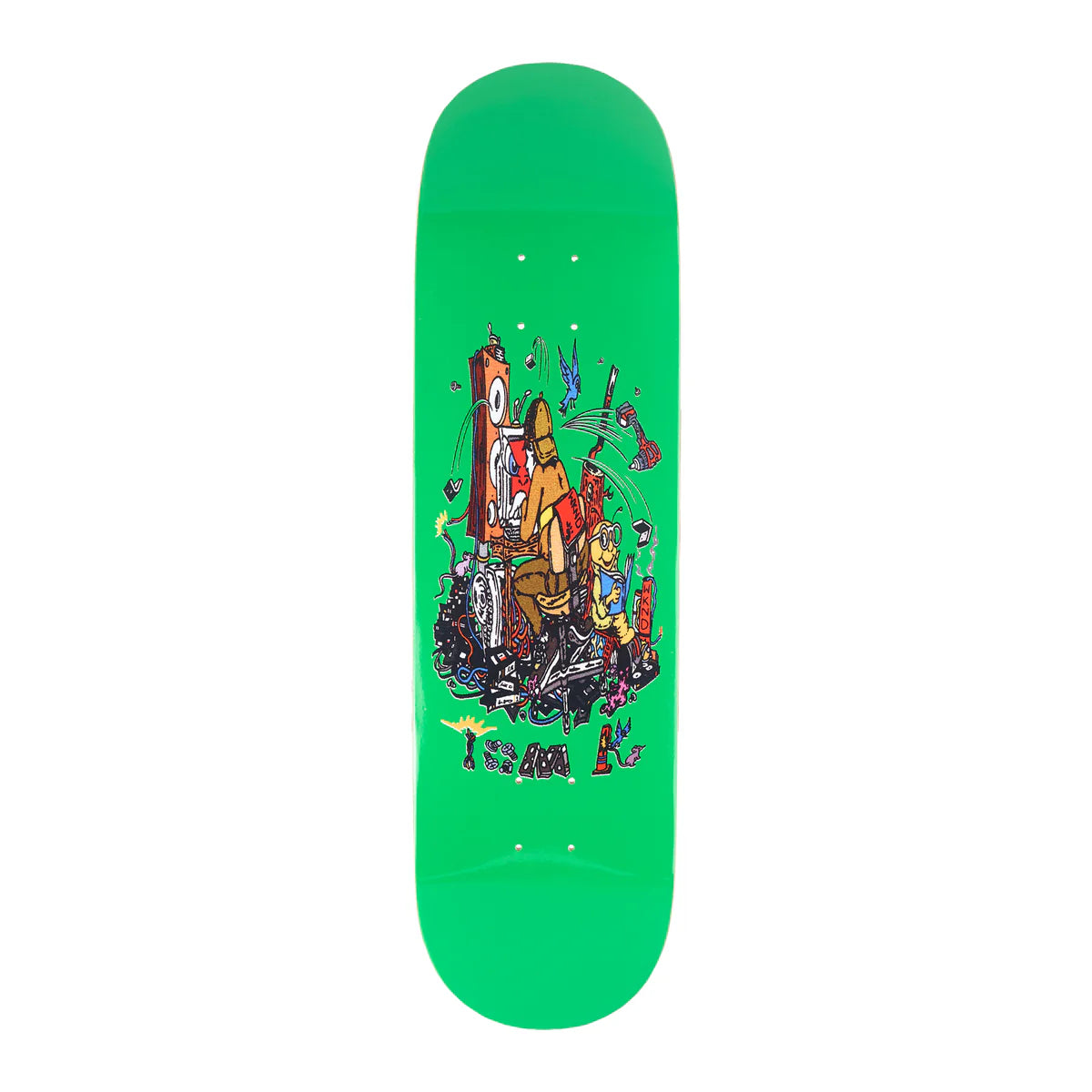 Skateboard deck with colorful graphic design on a green background