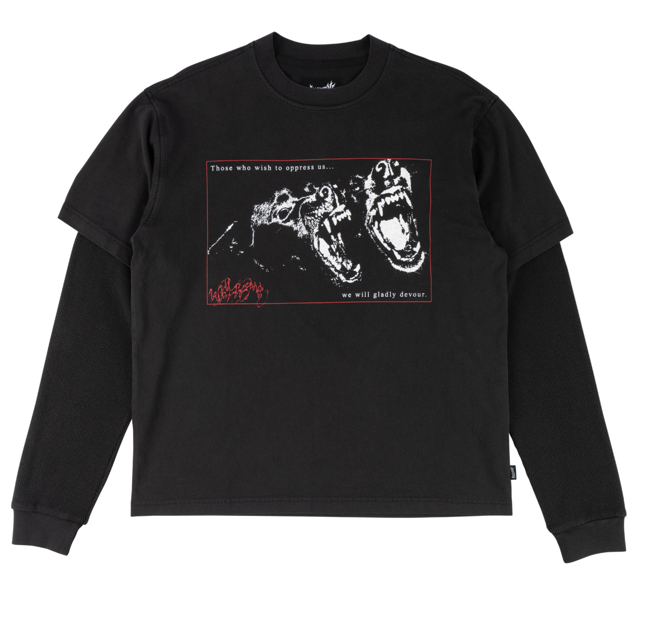 Black long-sleeve shirt with graphic design on a white background