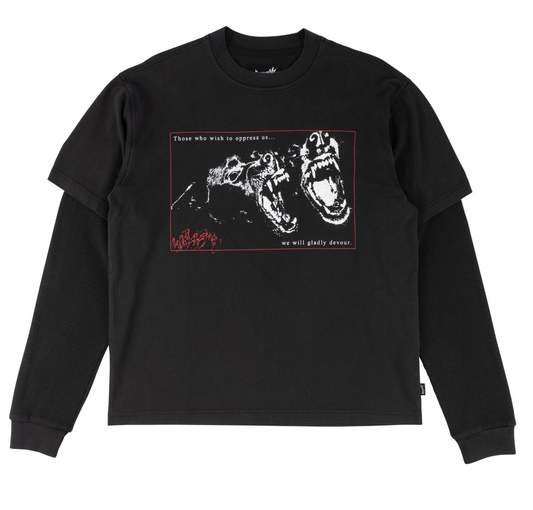 Black long-sleeve shirt with graphic design on a white background