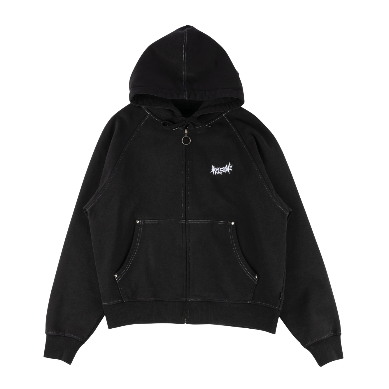 Black zip hood with Welcome in white on left chest.