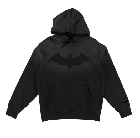 Black hoodie with a bat symbol on a white background
