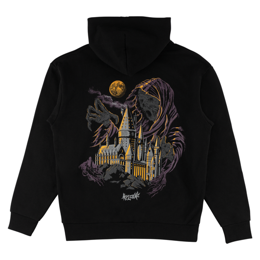 Black hoodie with a castle and moon graphic on the back, on a white background