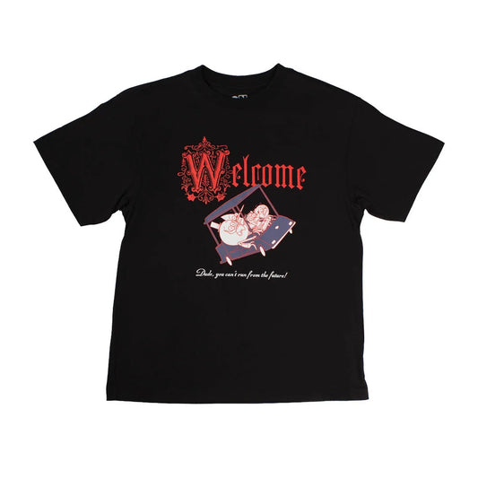 A black short-sleeve graphic t-shirt featuring a red gothic-style 'Welcome' text and with the phrase 'Dude, you can't run from the future' printed below.