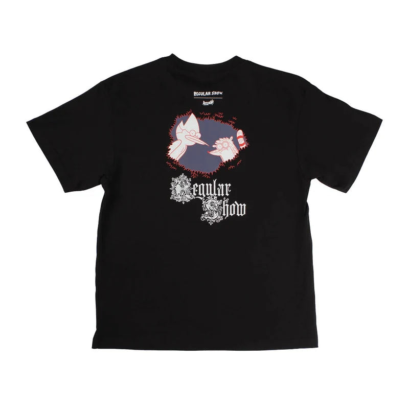 A black short-sleeve graphic t-shirt featuring a circular illustration of gothic text 'regular show' printed on the back.