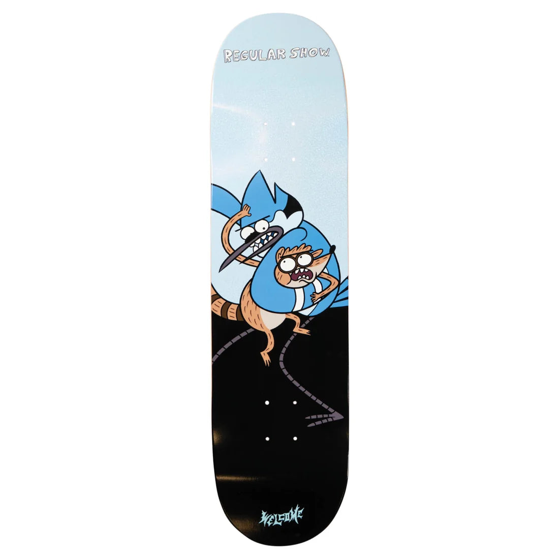 A Regular Show skateboard deck featuring a graphic of Mordecai and Rigby fighting