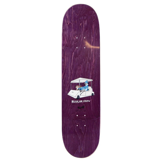 A purple wood-grain skateboard deck featuring a cartoon golf cart graphic with the text 'REGULAR SHOW' printed near the bottom.