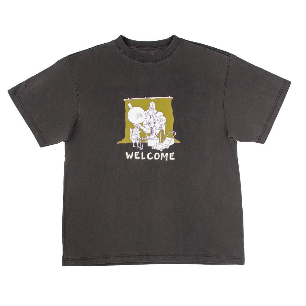 A dark charcoal gray short-sleeve t-shirt with a graphic print on the chest. The graphic features a white line-art illustration, with the word 'WELCOME' printed in white below it.