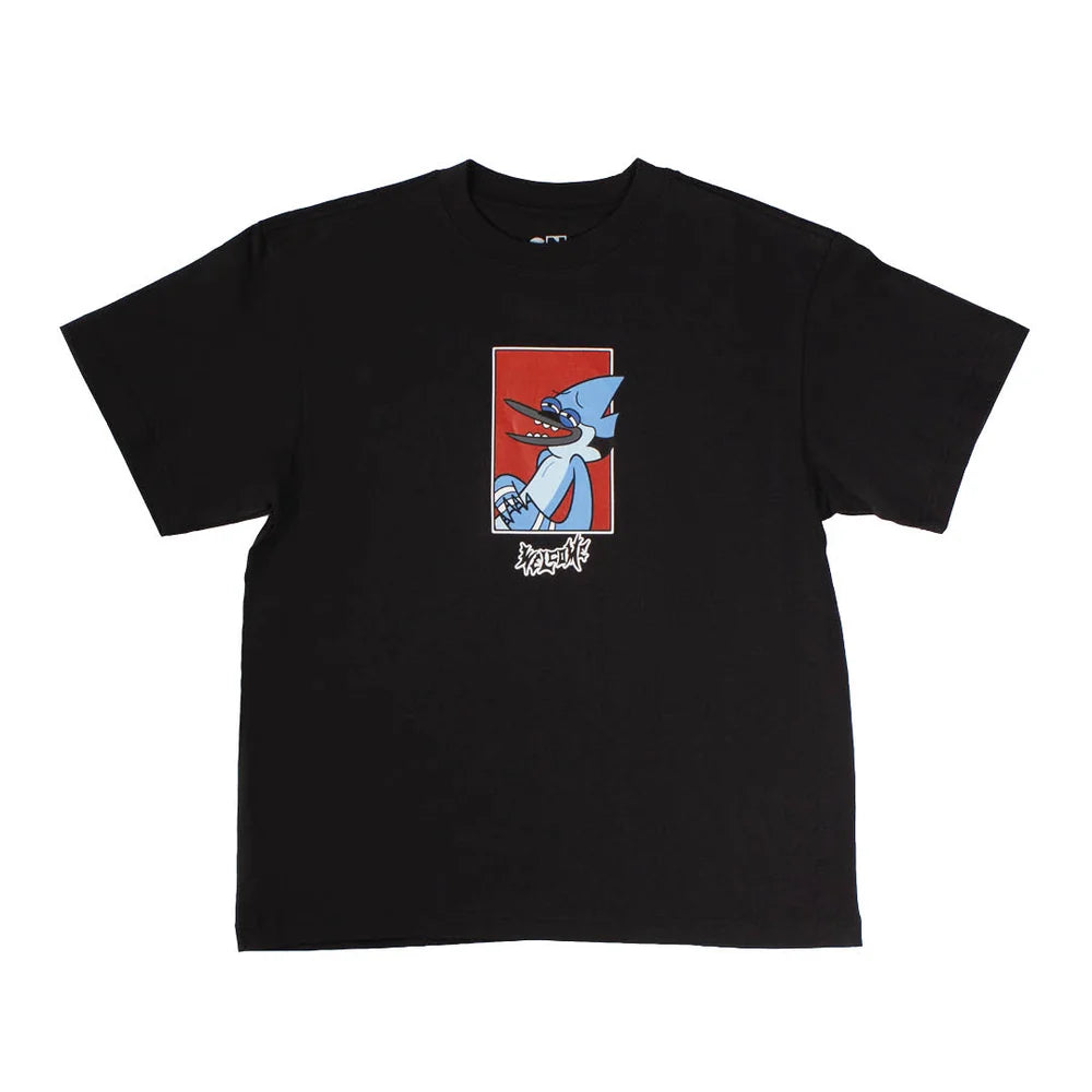 A black short-sleeve crewneck t-shirt featuring a graphic print of the cartoon character Blue Jay on a red background, with stylized white text below
