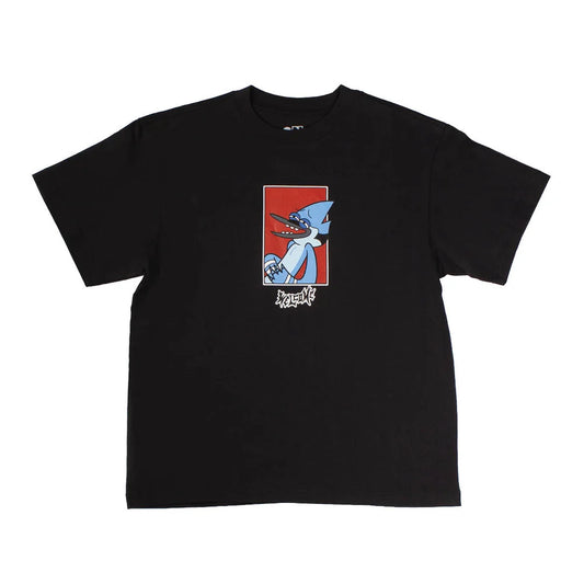 A black short-sleeve crewneck t-shirt featuring a graphic print of the cartoon character Blue Jay on a red background, with stylized white text below