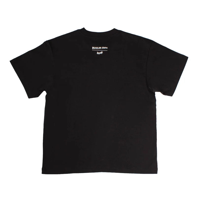 A black short-sleeve t-shirt shown from the back, featuring a small white graphic and text printed near the upper center back