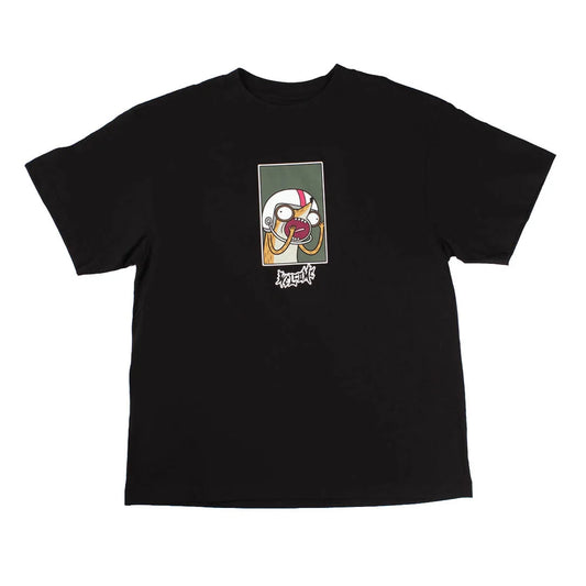 A black short-sleeve crewneck t-shirt featuring a central graphic print of a cartoon character in a helmet and the brand name 'Wlecome' below it