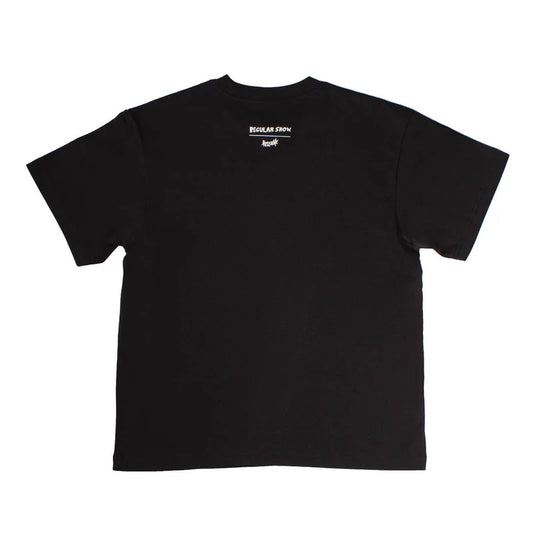 A black short-sleeve t-shirt shown from the back, featuring a small white graphic and text printed near the upper center back