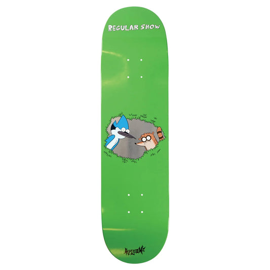 A skateboard with the regular show characters in a shrub