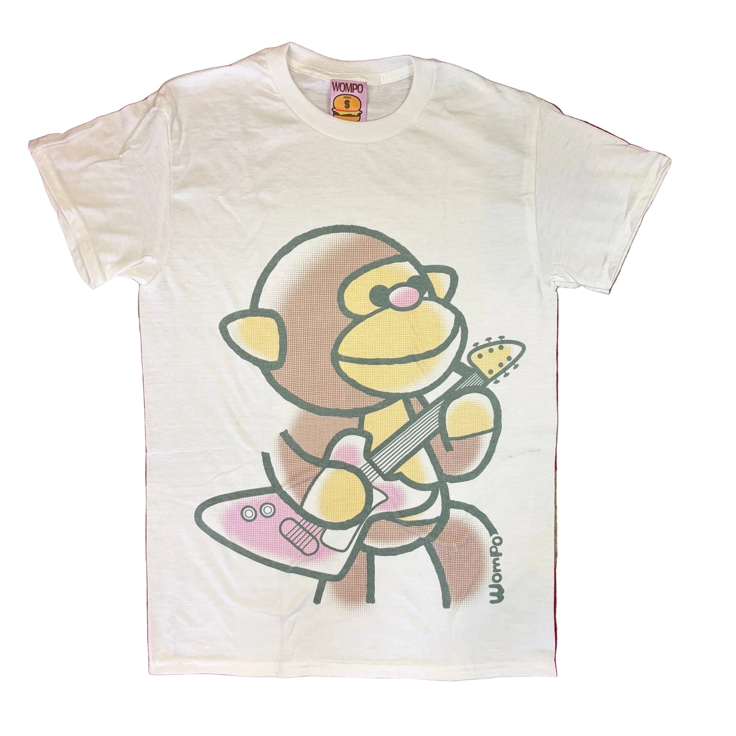 A white short-sleeve t-shirt featuring a cartoon monkey playing a pink electric guitar, laid flat on a red patterned carpet. The shirt has a visible 'Wonga' brand logo printed near the bottom right of the graphic.