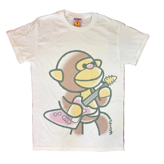A white short-sleeve t-shirt featuring a cartoon monkey playing a pink electric guitar, laid flat on a red patterned carpet. The shirt has a visible 'Wonga' brand logo printed near the bottom right of the graphic.