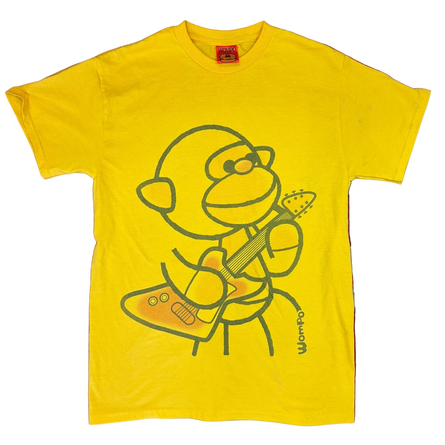 A bright yellow short-sleeve t-shirt laid flat on a textured red and gray carpet. The shirt features a cartoon graphic of a monkey playing an orange electric guitar, with the brand name 'Wanfoo' printed vertically near the bottom right of the graphic.