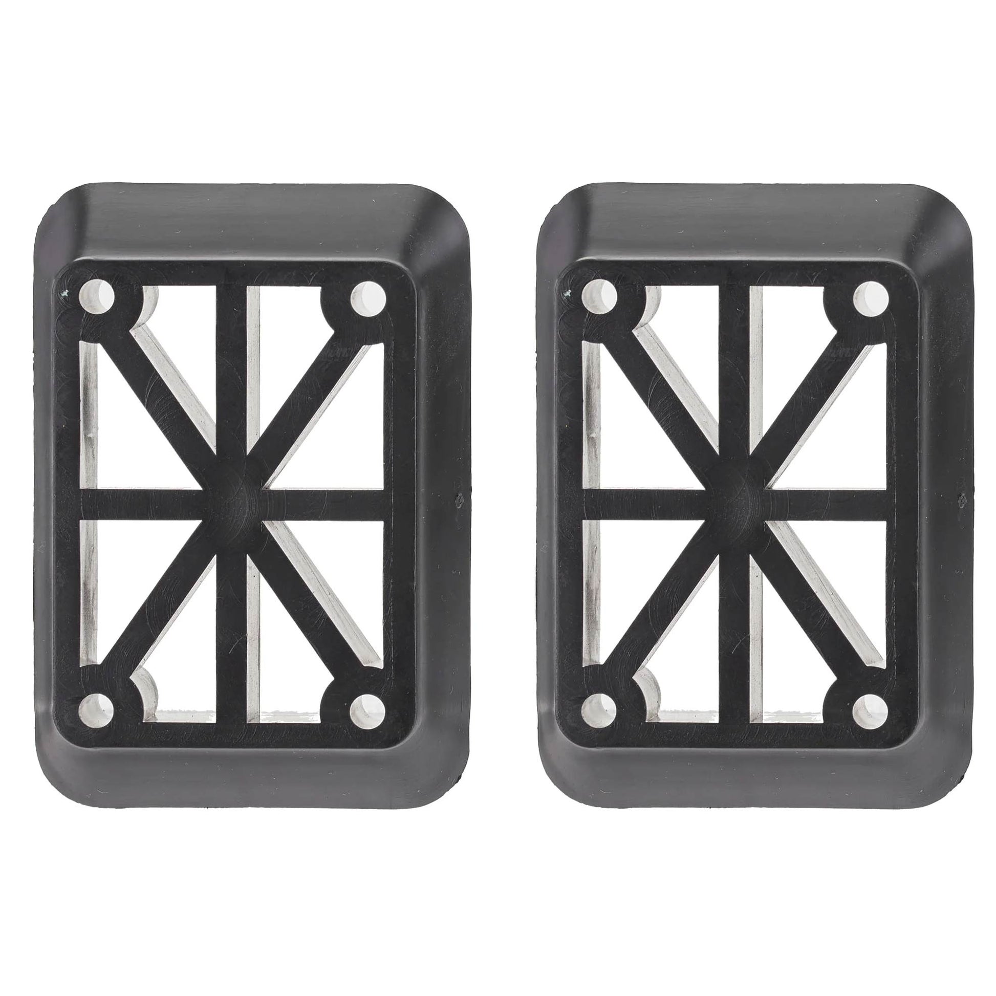 Two black rectangular plastic vent covers with a cross-shaped cutout pattern and pre-drilled mounting holes, shown side-by-side on a white background.