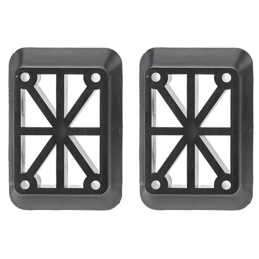 Two black rectangular plastic vent covers with a cross-shaped cutout pattern and pre-drilled mounting holes, shown side-by-side on a white background.