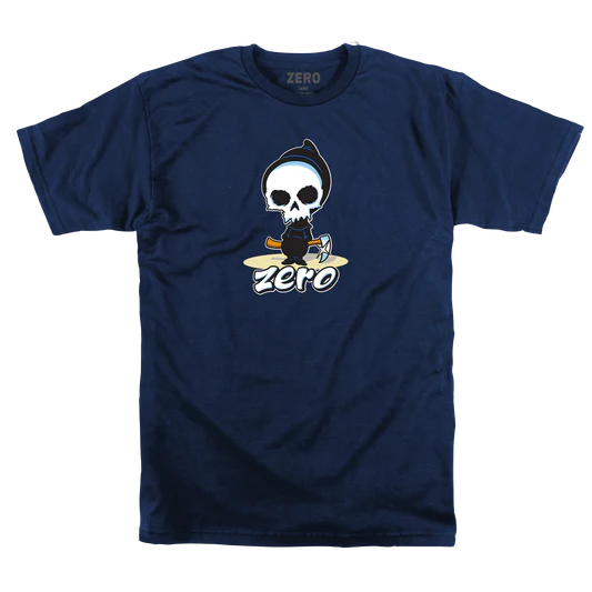 Navy blue t-shirt with a skull and surfboard design on a white background