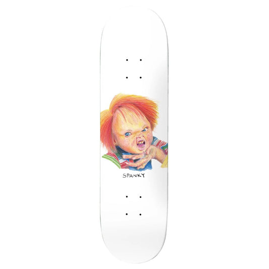 Skateboard deck with a graphic of a child with red hair and the word 'Spanky' on a white background