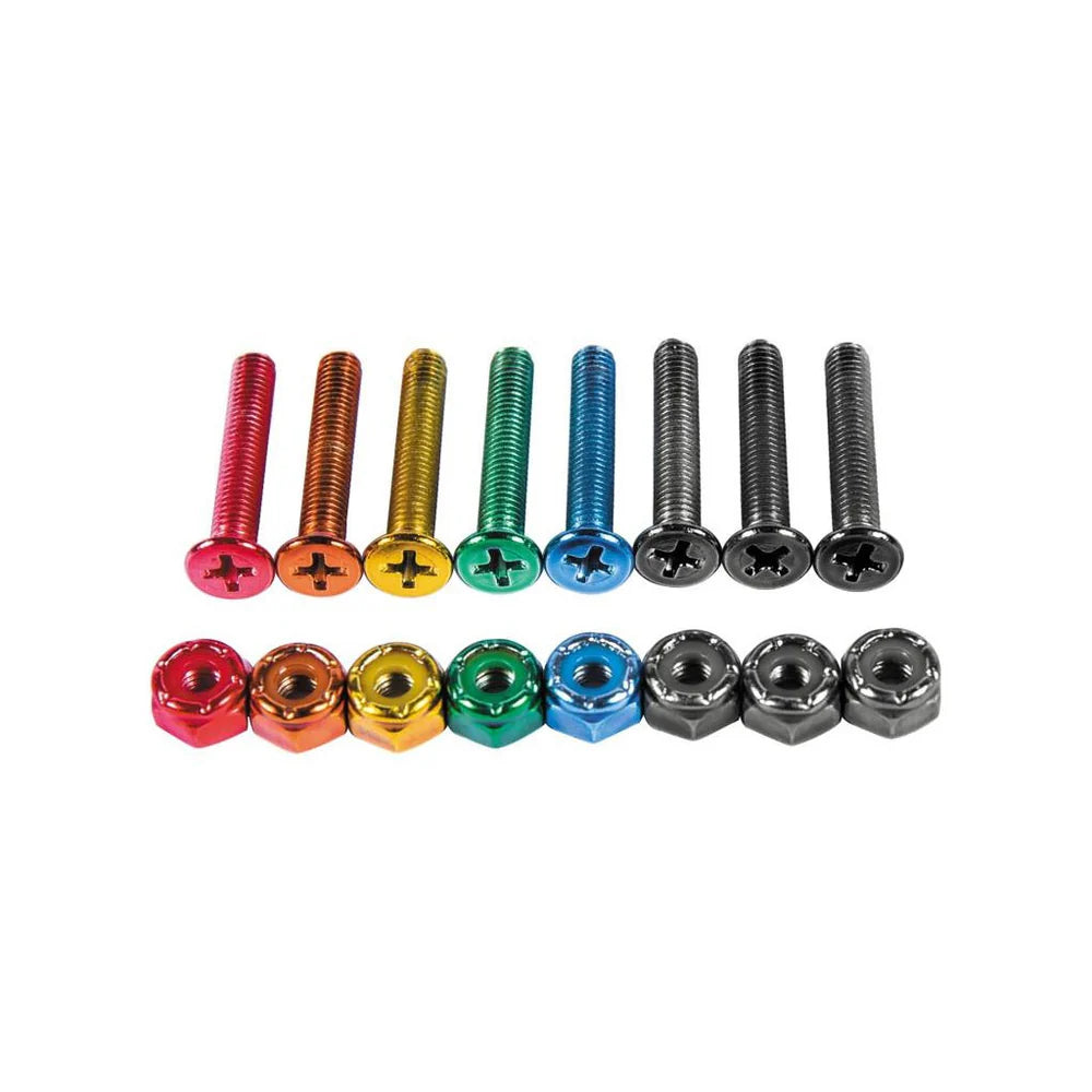 Set of colorful screws and nuts on a white background