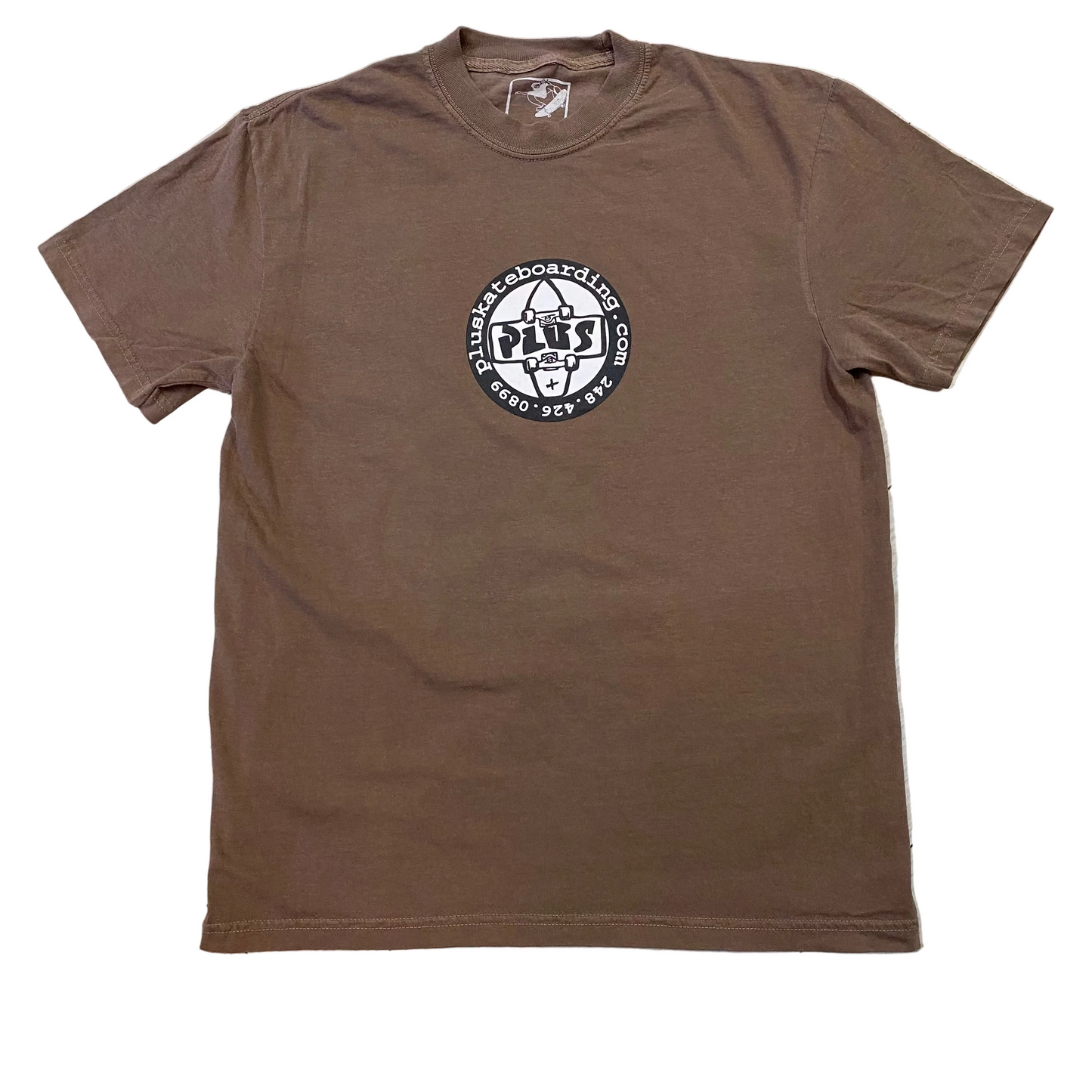 Brown t-shirt with a logo on a white background