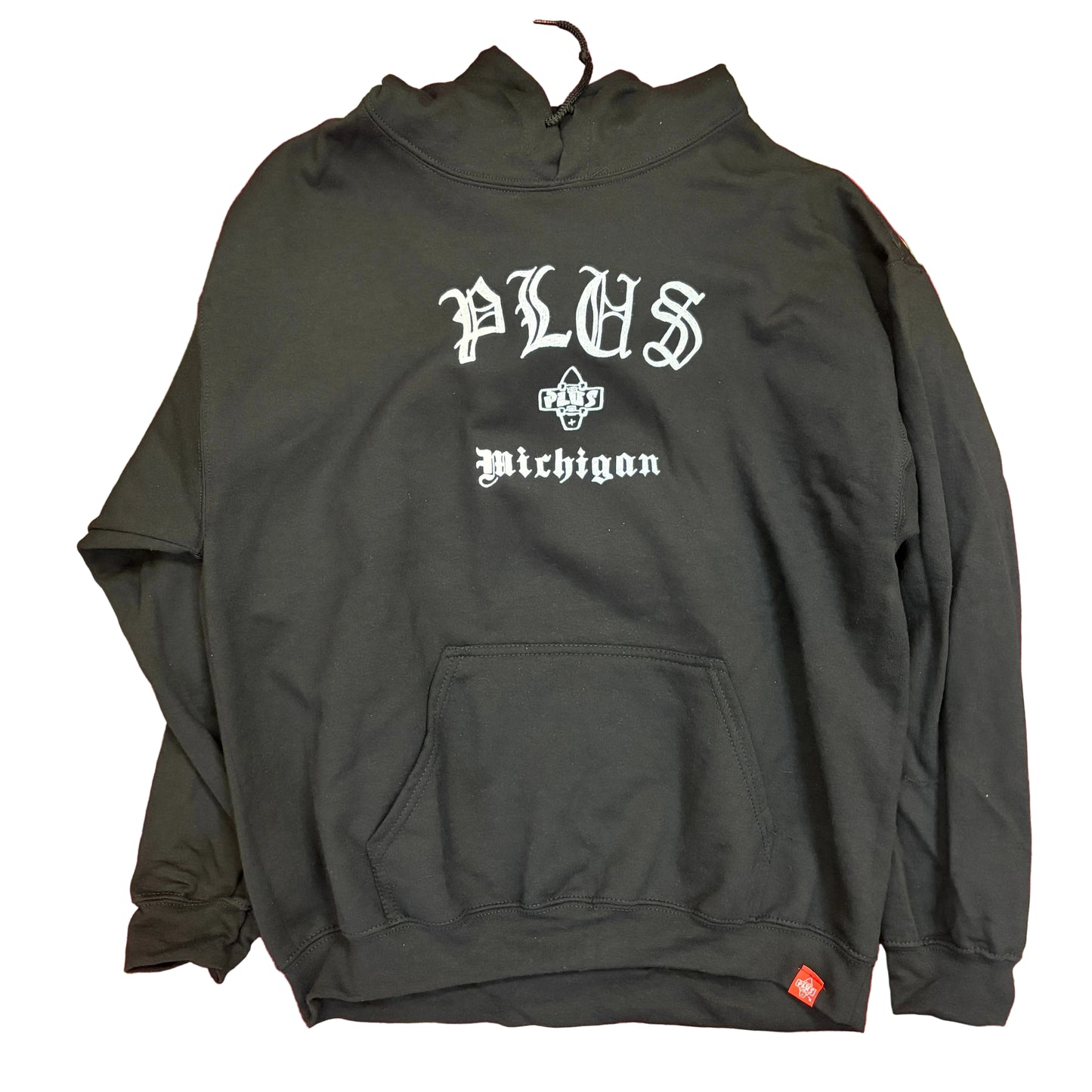 Black hoodie with 'PLUS' and 'Michigan' text on a red and beige patterned background