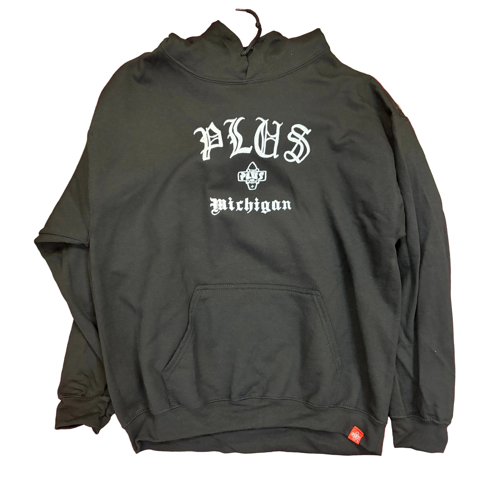 Black hoodie with 'PLUS' and 'Michigan' text on a red and beige patterned background