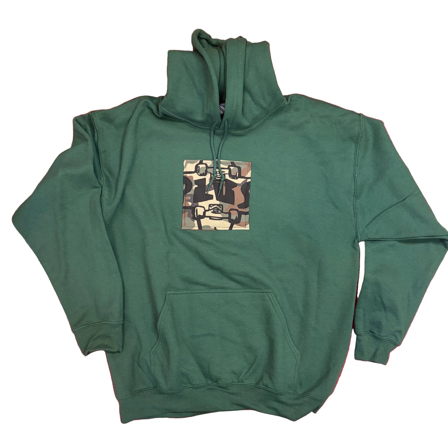 green hoodie with camo plus logo on white background