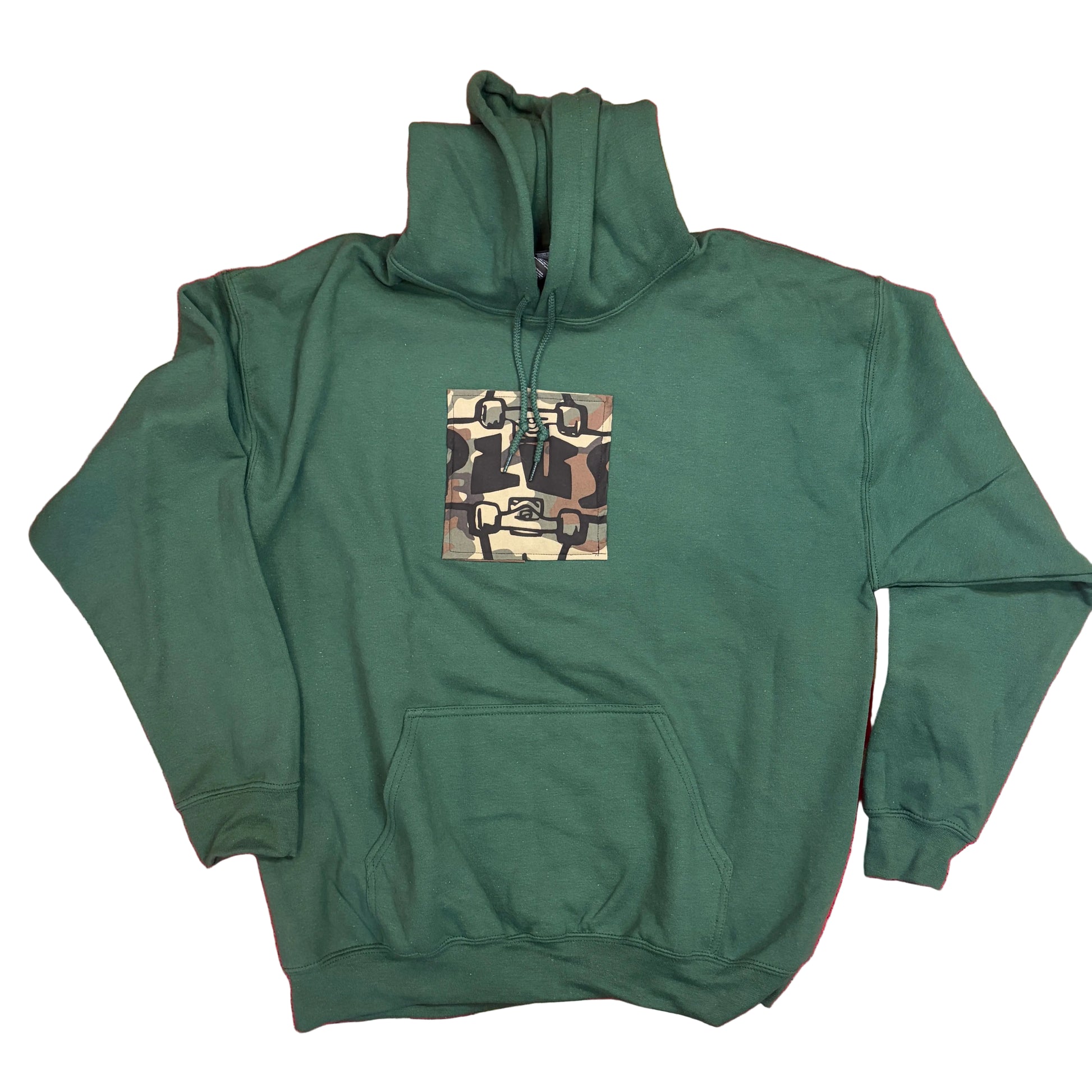 green hoodie with camo plus logo on white background