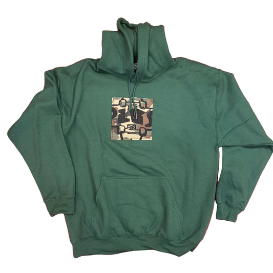 green hoodie with camo plus logo on white background