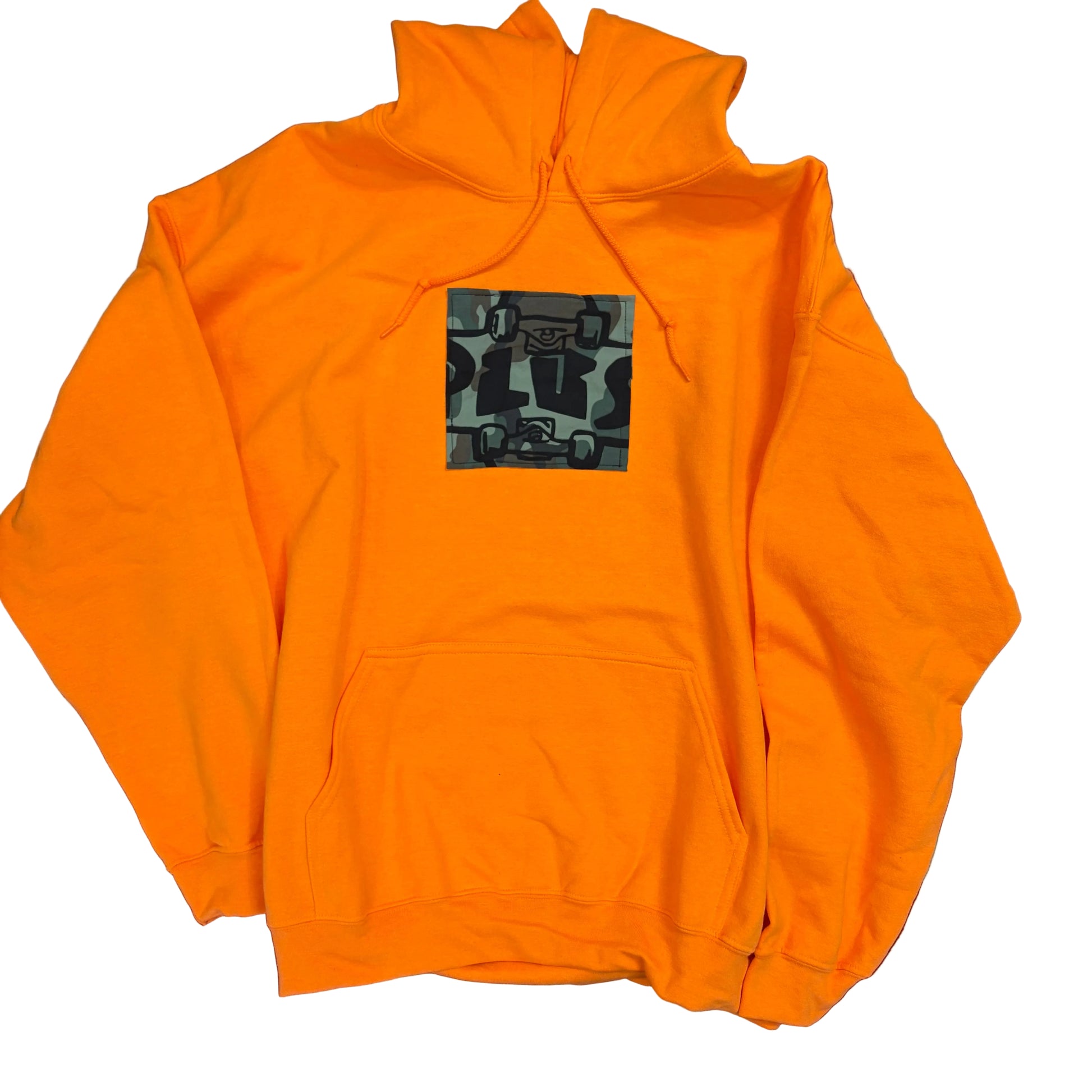 Orange hoodie with a graphic design on a maroon surface