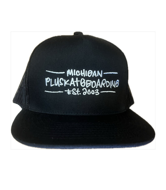 plus trucker hat black with white text