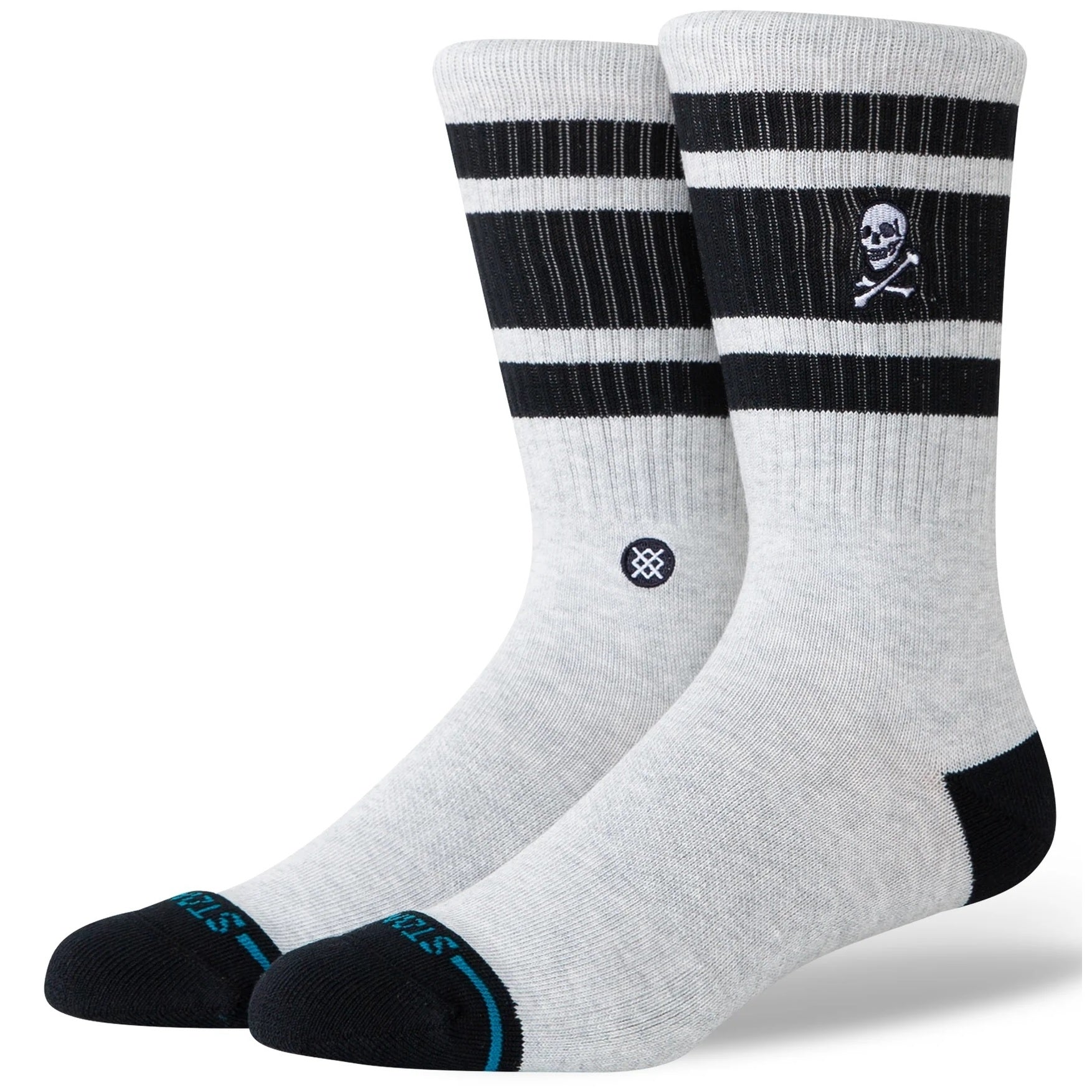 White socks with black stripes and skull design on a white background