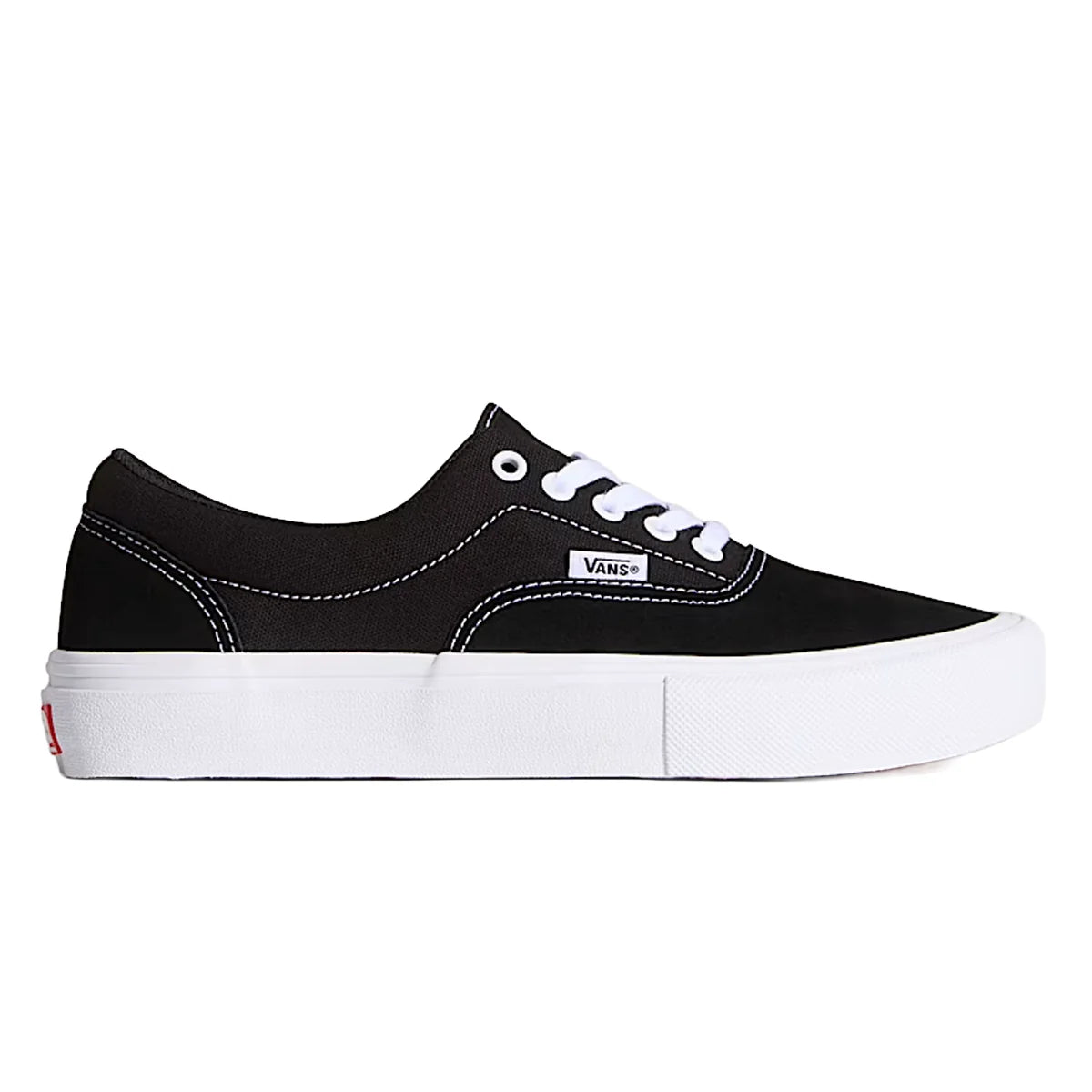 Black sneaker with white laces and sole on a white background